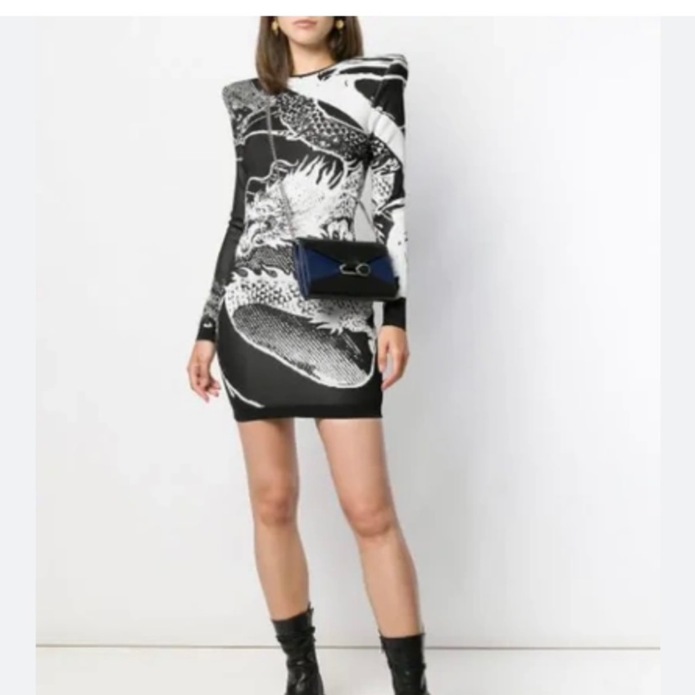 Balmain dragon detail knit stretch long sleeve mini dress